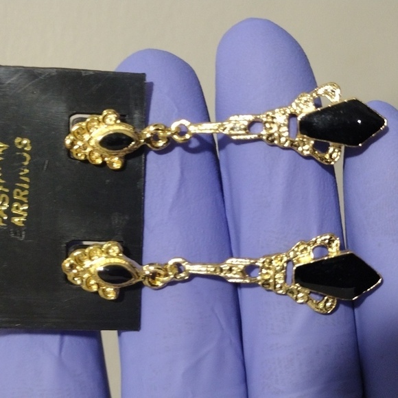 Women's Stylish Gold-tone Filigree Black Color Stone Drop Dangle Earrings, 1.75" - Picture 3 of 5